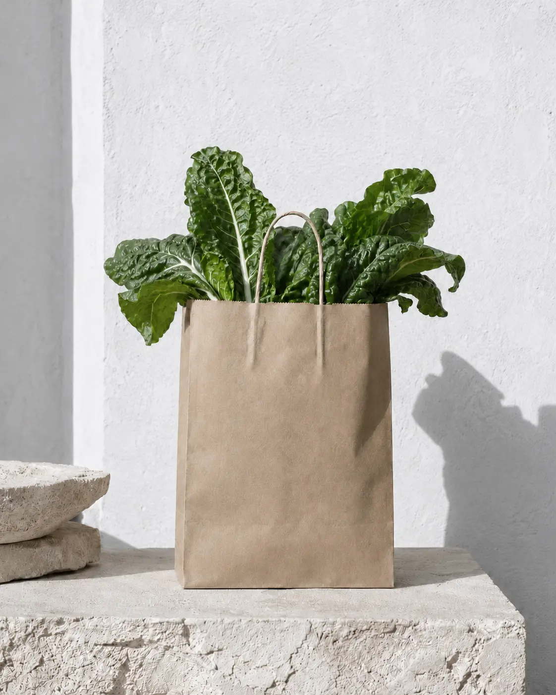 Kraft paper bag holding fresh green produce