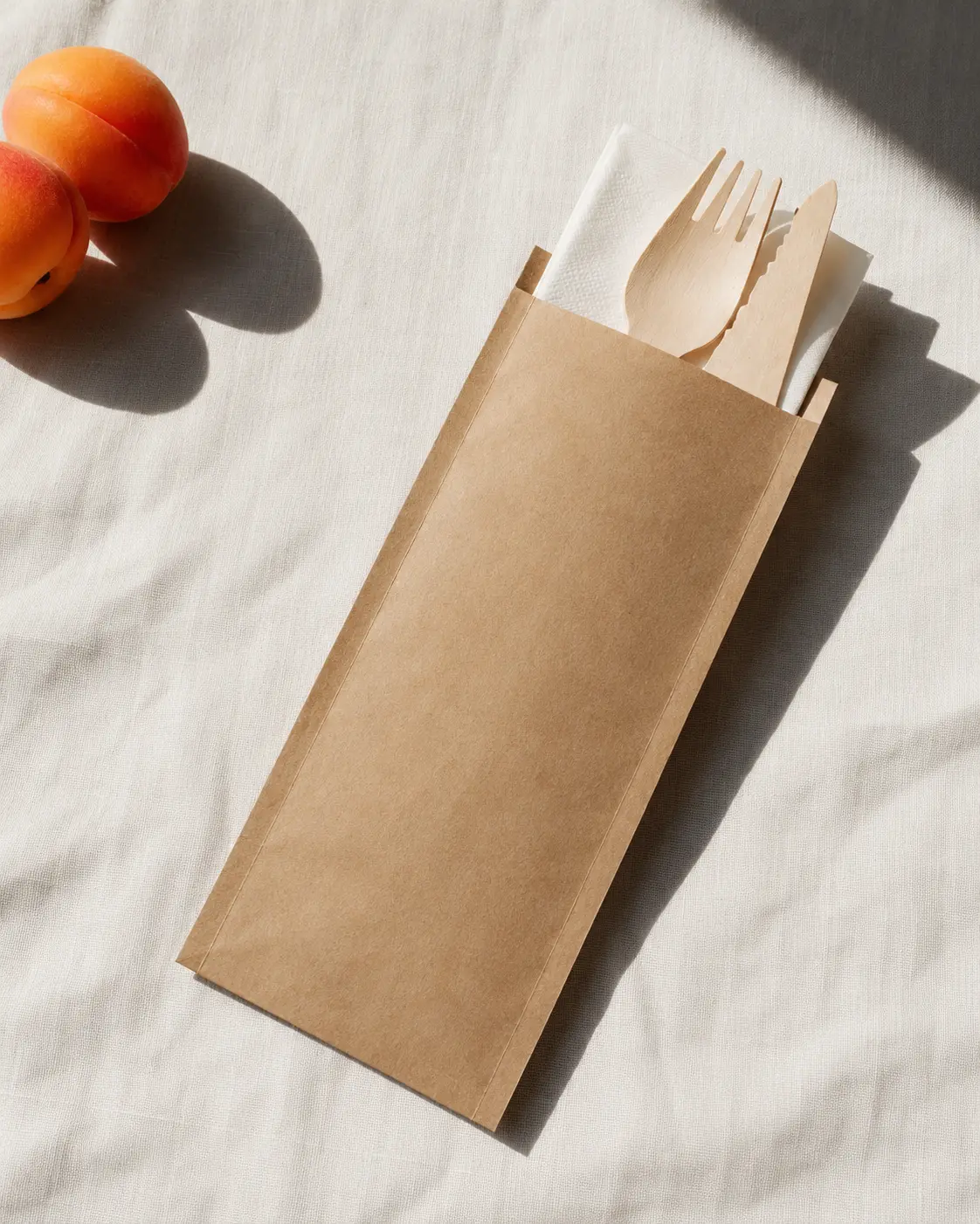 Wooden cutlery and a white napkin in a kraft paper pouch beside peaches