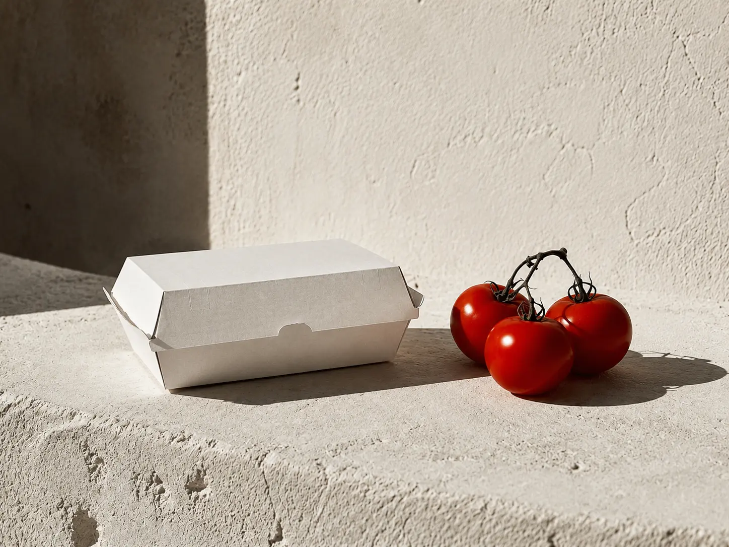 Plain white takeaway box beside red tomatoes in hard sunlight